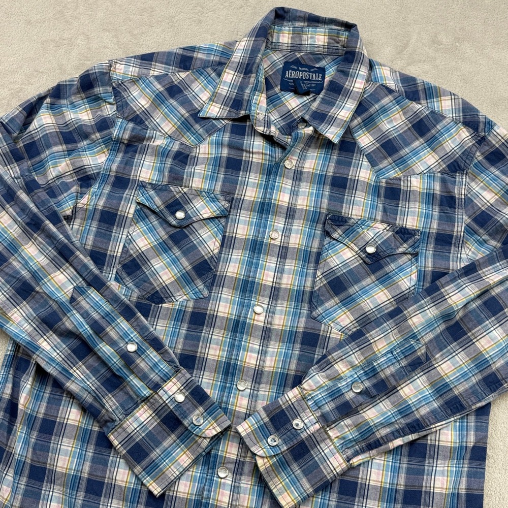 Aeropostale Western Pearl Snap Shirt Mens Medium Blue Plaid Slim Fit Long Sleeve